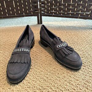 Stuart Weitzman Suede Kiltie Chain Loafers in Charcoal